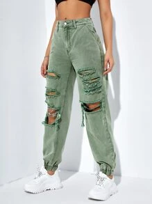 SHEIN EZwear 破洞鏤空束腳牛仔褲 - 薄荷綠 - 查看 4