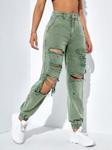 SHEIN EZwear 破洞鏤空束腳牛仔褲 - 薄荷綠 - 查看 5