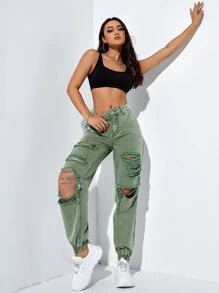 SHEIN EZwear 破洞鏤空束腳牛仔褲 - 薄荷綠 - 查看 3