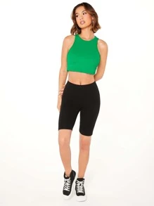 SHEIN EZwear Áo hai dây Gân đan màu trơn Giải trí - màu xanh lá - Xem 3