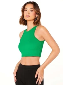 SHEIN EZwear Áo hai dây Gân đan màu trơn Giải trí - màu xanh lá - Xem 4