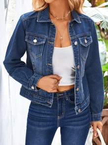 SHEIN Essnce Button Front Flap Pocket Denim Jacket - Dark Wash - View 1