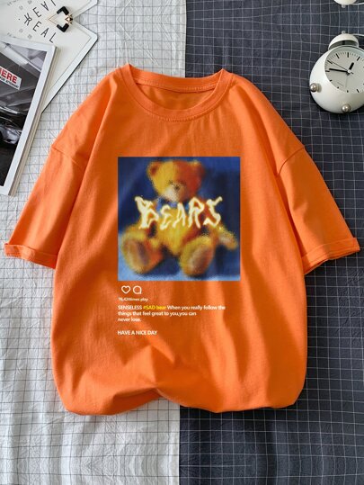 تي شيرت بجرافيك عبارة ودب للرجال