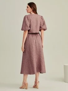 Modelyn Puff Sleeve Button Front Blouse & Skirt Set 2 Piece Set - Dusty Pink - View 2