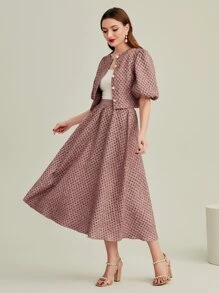 Modelyn Puff Sleeve Button Front Blouse & Skirt Set 2 Piece Set - Dusty Pink - View 1