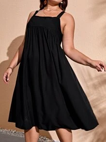 SHEIN VCAY Plus Solid Cami Dress - Black - View 1