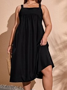 SHEIN VCAY Plus Solid Cami Dress - Black - View 3