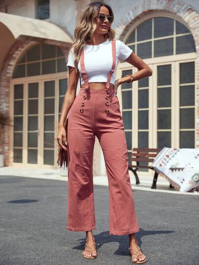 Button Decor Solid Suspender Pants Without Tee