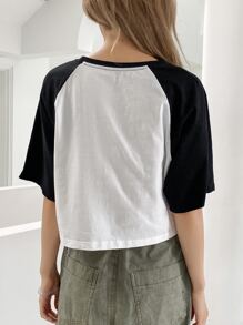 DAZY Letter Graphic Contrast Raglan Sleeve Crop Tee - Black and White - View 2