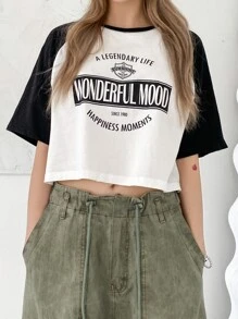 DAZY Letter Graphic Contrast Raglan Sleeve Crop Tee - Black and White - View 3