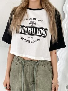 DAZY Letter Graphic Contrast Raglan Sleeve Crop Tee - Black and White - View 4