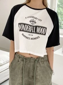 DAZY Letter Graphic Contrast Raglan Sleeve Crop Tee - Black and White - View 5