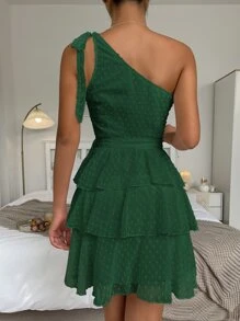 SHEIN VCAY Đầm Thắt lưng Xù phân lớp màu trơn Boho - Màu xanh lá cây đậm - Xem 2