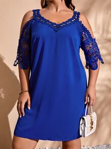 SHEIN Clasi Plus Guipure Lace Panel Cold Shoulder Dress - Blue - View 1