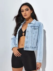 SHEIN Essnce Button Front Flap Pocket Trucker Denim Jacket - Light Wash - View 3