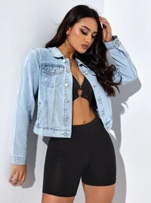 SHEIN Essnce Button Front Flap Pocket Trucker Denim Jacket - Light Wash - View 4