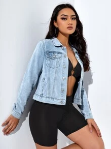 SHEIN Essnce Button Front Flap Pocket Trucker Denim Jacket - Light Wash - View 5