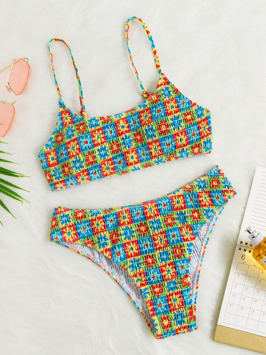 Swim Mod Summer Beach Floral Print Bikini Set Smocked Cami Top & Hipster Bottom 2 Piece Bathing Suit - Multicolor - View 1