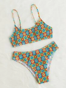 Swim Mod Summer Beach Floral Print Bikini Set Smocked Cami Top & Hipster Bottom 2 Piece Bathing Suit - Multicolor - View 3