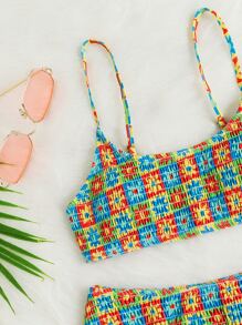 Swim Mod Summer Beach Floral Print Bikini Set Smocked Cami Top & Hipster Bottom 2 Piece Bathing Suit - Multicolor - View 4