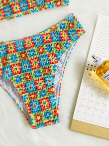 Swim Mod Summer Beach Floral Print Bikini Set Smocked Cami Top & Hipster Bottom 2 Piece Bathing Suit - Multicolor - View 5