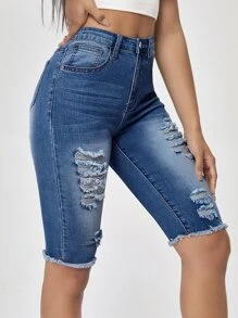 SHEIN Essnce Raw Hem Light Washed Denim Shorts - Dark Wash - View 4