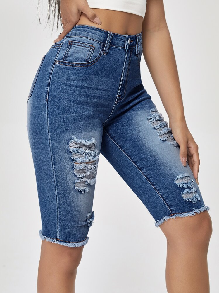 SHEIN Essnce 毛邊淺色水洗牛仔短褲 - 深色水洗藍 - 查看 4