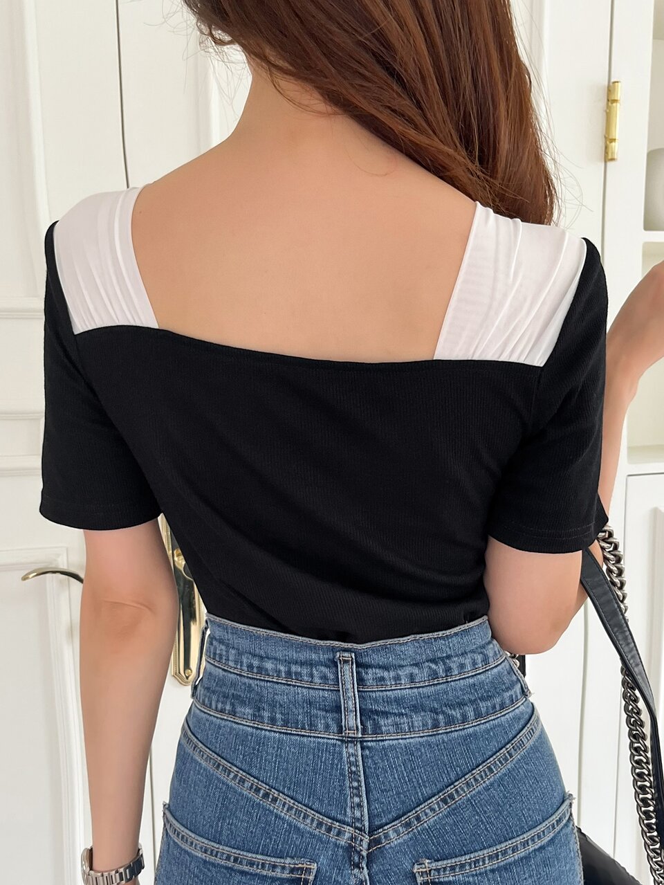 Colorblock Draped Ruched Rib-knit Tee
