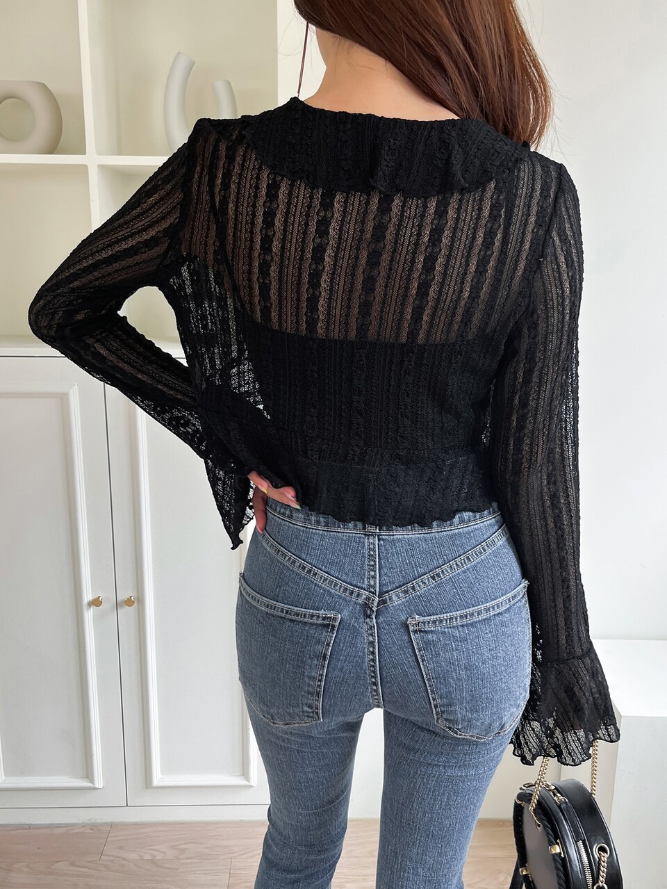 Ruffle Trim Flounce Sleeve Knot Front Crop Top Without Cami Top