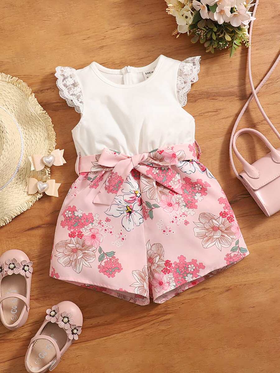 SHEIN رومبير طباعة الأزهار دانتيل متباين اللون اكمام فراشة حزام للاطفال