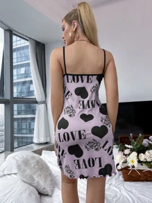Heart & Letter Graphic Lettuce Trim Contrast Binding Cami Night Dress - Lilac Purple - View 2