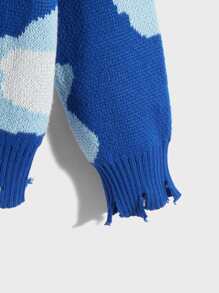 ROMWE MEN 男士雲朵圖案破壞感毛衣 - 藍白色 - 查看 3