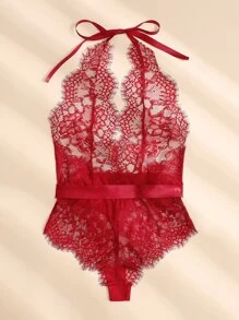 Floral Lace Halter Teddy Bodysuit - Burgundy - View 2