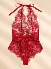 Floral Lace Halter Teddy Bodysuit - Burgundy - View 3