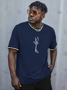 Manfinity Men Plus Letter Graphic Contrast Trim Tee - Navy Blue - View 5