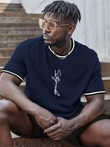 Manfinity Men Plus Letter Graphic Contrast Trim Tee - Navy Blue - View 6