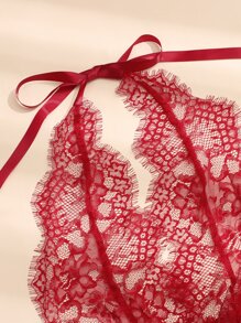 Floral Lace Halter Teddy Bodysuit - Burgundy - View 5