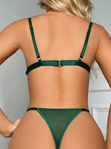 Conjunto de lencería de encaje de guipur contrastante con sujetador y panty - Verde - Ver 2