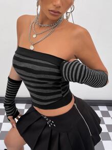 SHEIN ICON Top bandeau de rayas de espalda abierta - Gris Oscuro - Ver 3