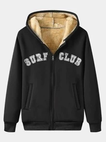 Manfinity 男士寬鬆口袋拉鍊連帽衛衣,字母印花加厚保暖內裡 - 黑色 - 查看 1