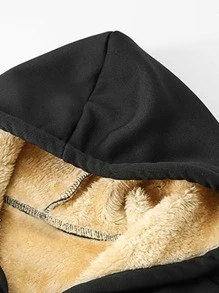 Manfinity 男士寬鬆口袋拉鍊連帽衛衣,字母印花加厚保暖內裡 - 黑色 - 查看 5