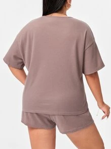 SHEIN Unity 大碼落肩T恤和腰部抽繩短褲套裝 - 淺灰紫 - 查看 2