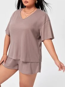 SHEIN Unity 大碼落肩T恤和腰部抽繩短褲套裝 - 淺灰紫 - 查看 3