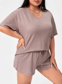 SHEIN Unity 大碼落肩T恤和腰部抽繩短褲套裝 - 淺灰紫 - 查看 4