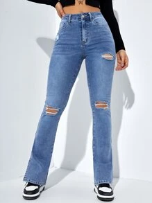 SHEIN ICON Jeans de pierna amplia de talle alto desgarro crudo bajo con abertura - Lavado ligero - Ver 4