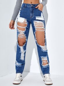 High Waist Cut Out Ripped Frayed Straight Leg Jeans - Dark Wash - View 3