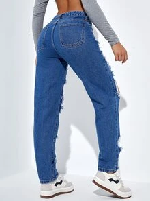 High Waist Cut Out Ripped Frayed Straight Leg Jeans - Dark Wash - View 2