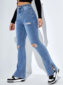 SHEIN ICON Jeans de pierna amplia de talle alto desgarro crudo bajo con abertura - Lavado ligero - Ver 3