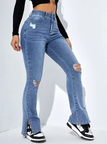 SHEIN ICON Jeans de pierna amplia de talle alto desgarro crudo bajo con abertura - Lavado ligero - Ver 5