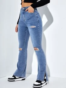 SHEIN ICON Jeans de pierna amplia de talle alto desgarro crudo bajo con abertura - Lavado ligero - Ver 6